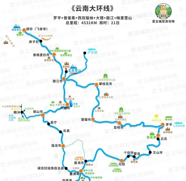 云南旅游5大线路，自驾去梅里雪山、普者黑、西双版纳，地图攻略