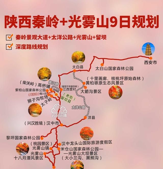 陕西秦岭环线9日旅游攻略路线图（原创）+汉中留坝+光雾山红叶